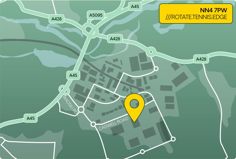 Local map: Brackmills 195 pinned on Caswell Road, NN4 7PW, what3words ///rotate.tennis.edge. The A45 runs past the estate's western edge to junctions with the A428 and A5095 to the north, and Rhosili Road leads in from the A45