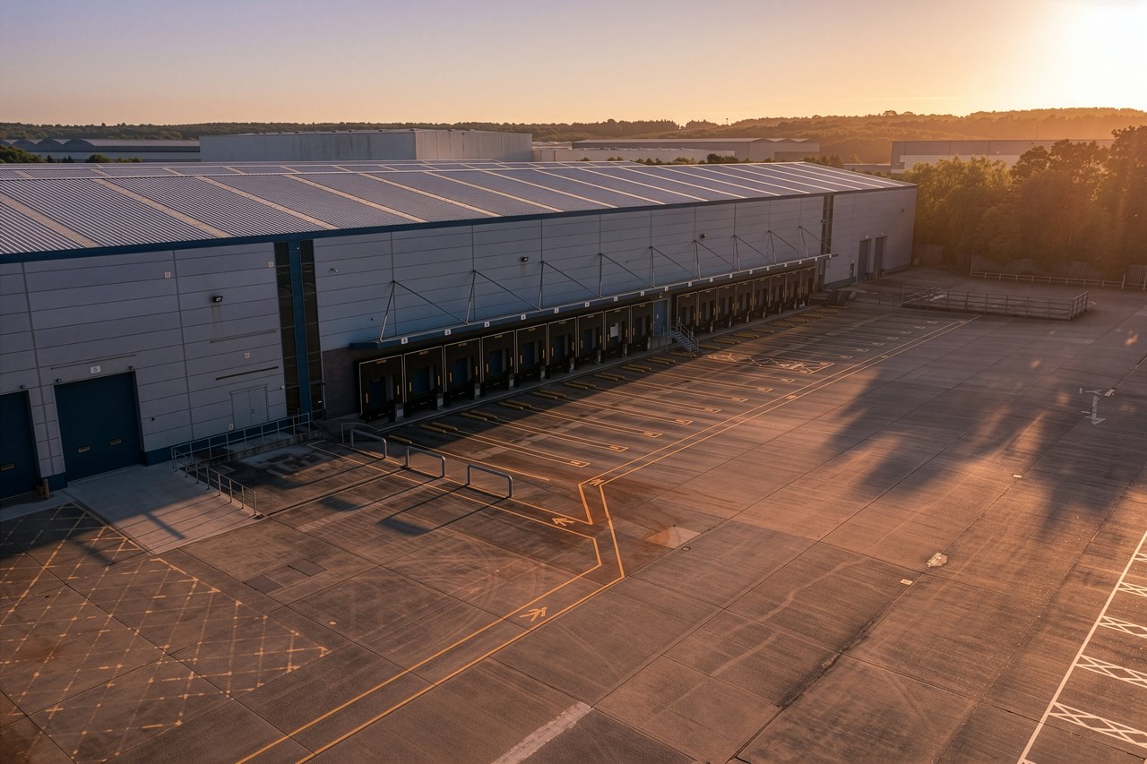 The yard of Brackmills 195 at sunrise: the warehouse's long side with its row of dock level loading doors under canopies, the marked concrete yard in front catching the low sun